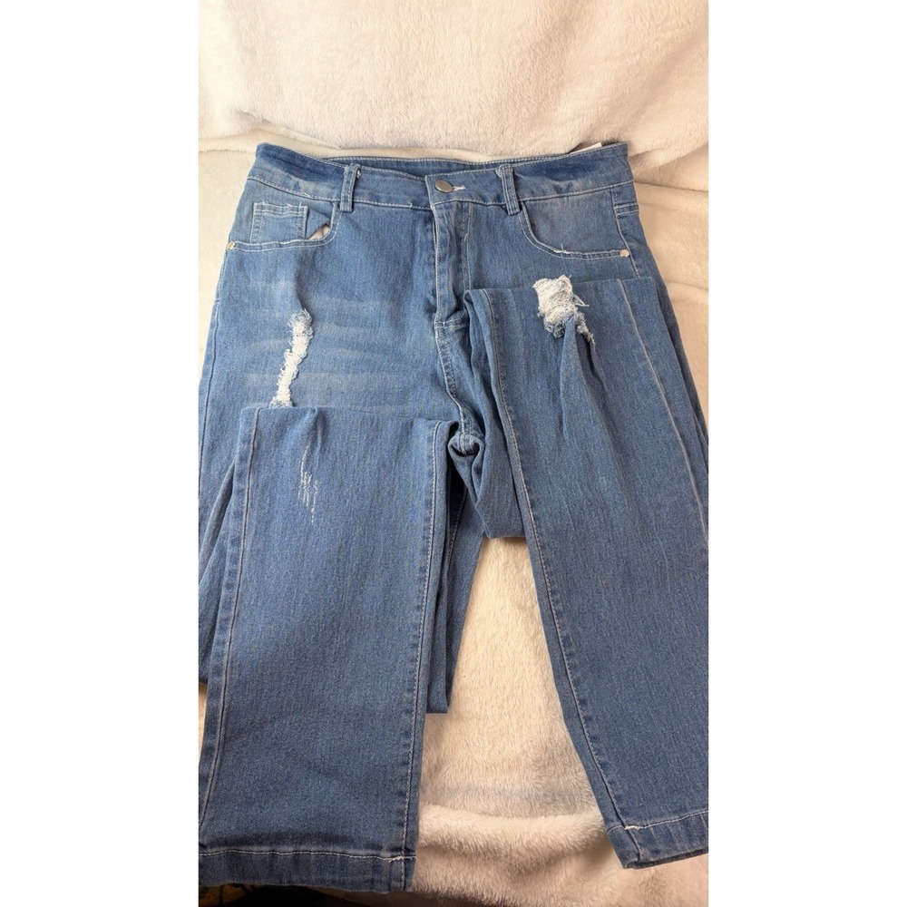 High-Waisted Trendy Ripped Skinny Denim Jeans Distressed Sm Medium Wash Casual